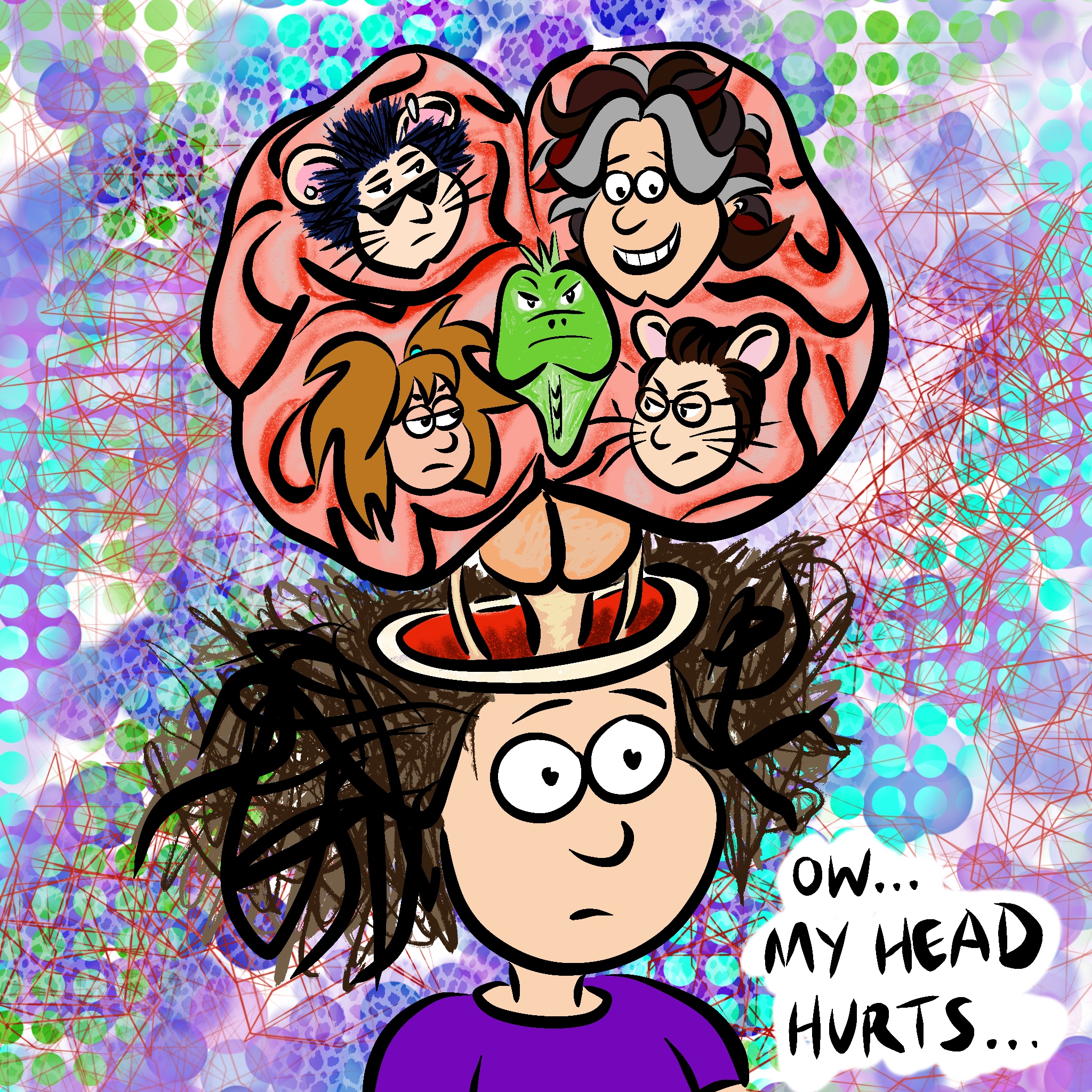 Cartoon of Pyra Draculea's cartoon characters emerging from her brain as she complains of a headache